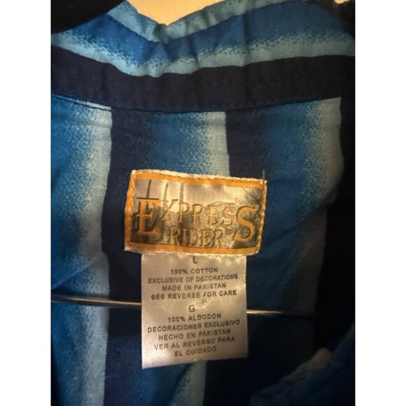 Vintage Express Rider Western Striped Button-Up Shirt Blue/Navy Long Sleeve 100% - Picture 4 of 6